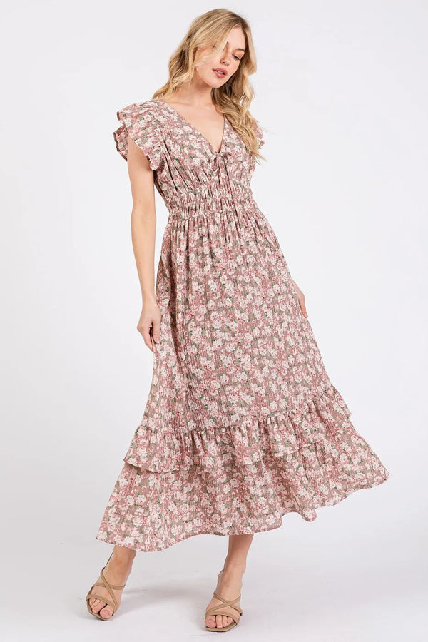 Mittoshop Flower Print Ruffle Cap Sleeve V-neck Midi Dress