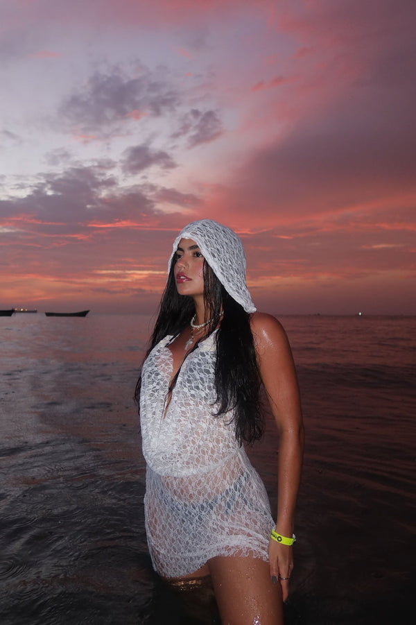 Stop Staring Hooded Cowl Neck Lace Top - White