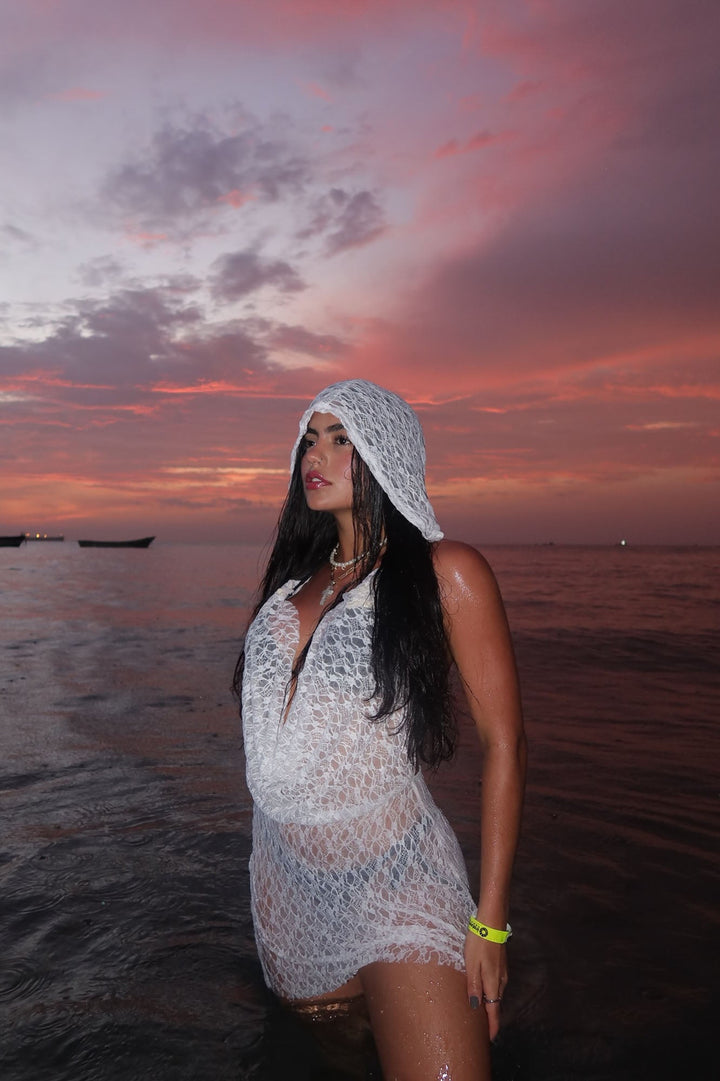 Stop Staring Hooded Cowl Neck Lace Top - White