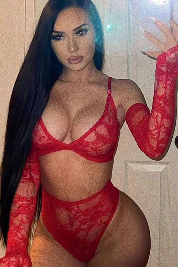 Red Lace Arm Sleeves High Waist 3 Pc Lingerie Set