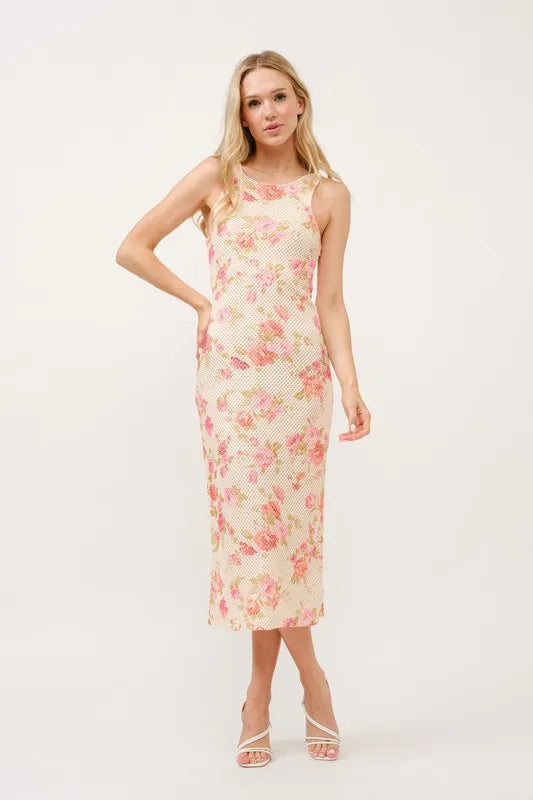 And The Why Floral Fishnet Bodycon Midi Dress