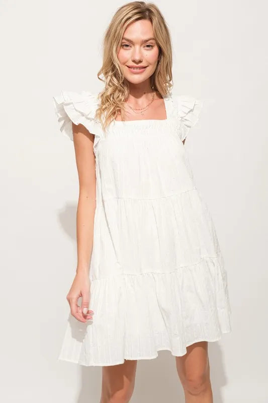 And The Why Origami Pleating Ruffled Sleeve Tiered Dress