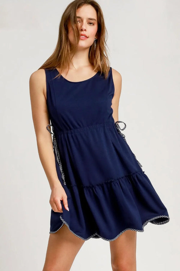 Umgee Frill Drawstring Waist Round Neck Mini Tank Dress
