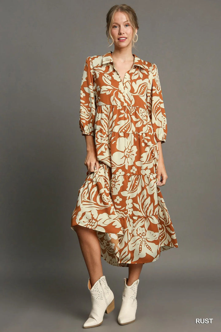 Umgee Full Size Floral Tiered Midi Shirt Dress Plus Size