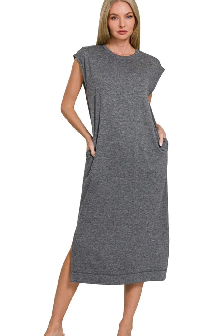 Zenana French Terry Sleeveless Round Neck Midi Dress