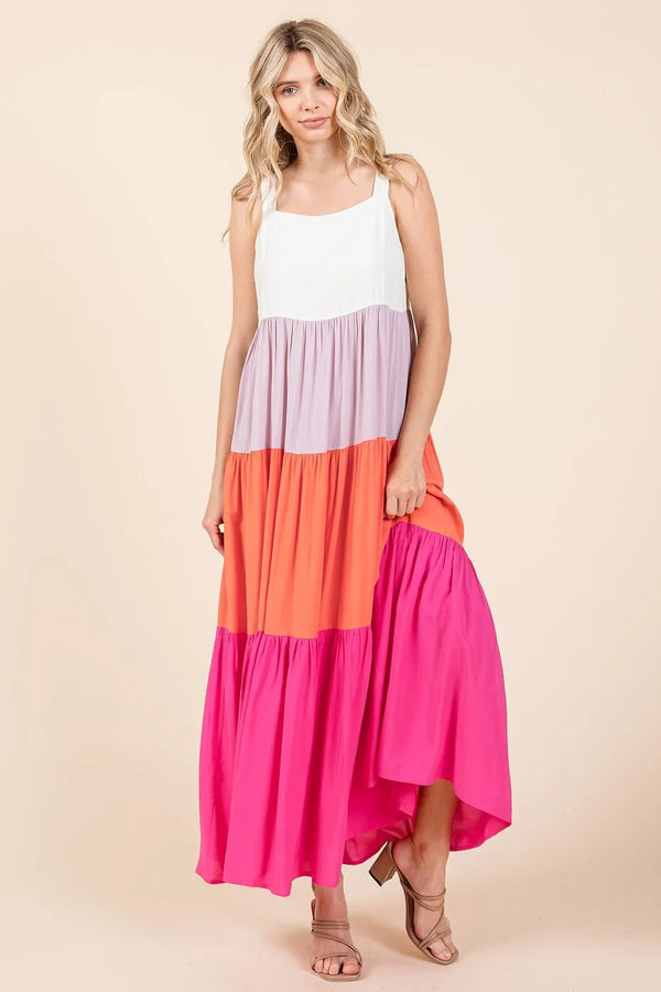 Mittoshop Color Block Tiered Pull-On Maxi Dress