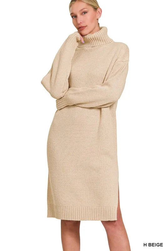 Zenana Turtle Neck Long Sleeve Midi Sweater Dress