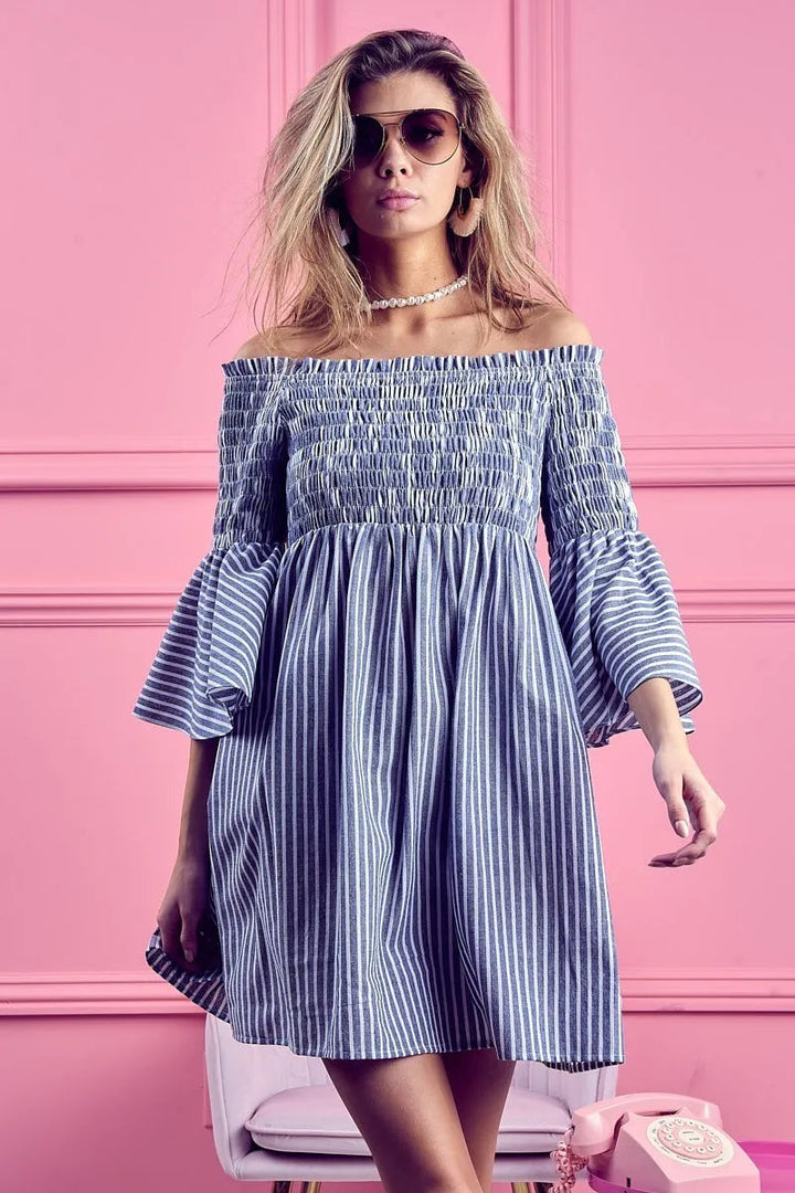 BiBi Smocked Off Shoulder Striped Dress