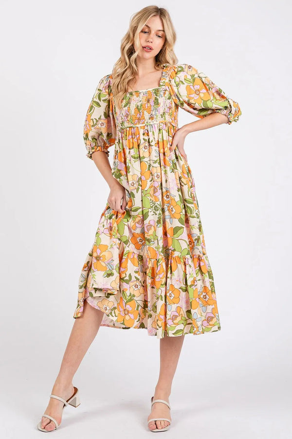 Mittoshop Flower Print Puff Sleeve Ruffle Smocked Midi Dress