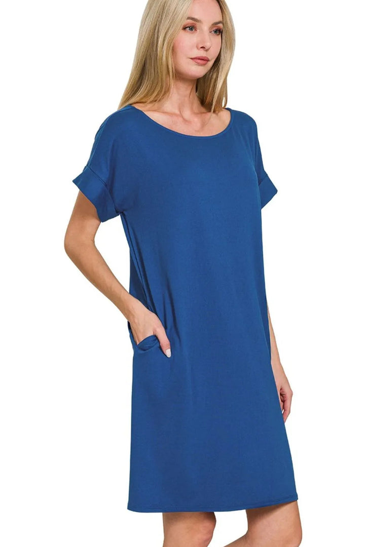 Zenana Rolled Short Sleeve Round Neck Dress