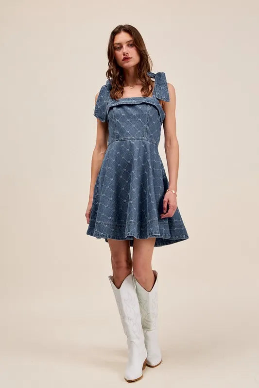 SO ME A Line Fit and Flare Diamond Bow Ribbon Denim Dres