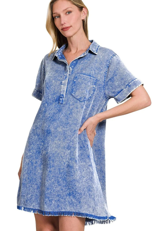 Zenana Tencel Mineral Washed Collared Shirts Dress