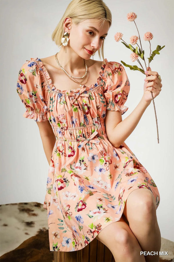 Umgee Floral Print Puff Sleeve Mini Dress