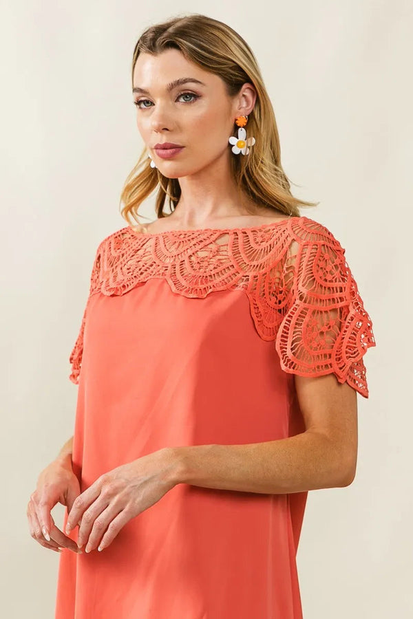 BiBi Crochet Lace Yoke Detailed Wrinkled Dress