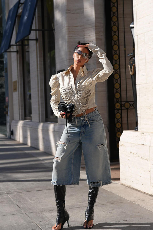 More Than You Think Lace Up Poplin Shirt - Khaki