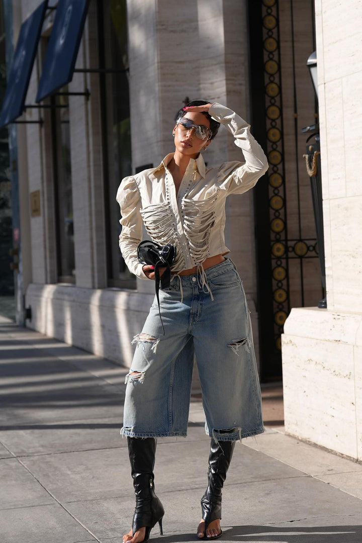 More Than You Think Lace Up Poplin Shirt - Khaki