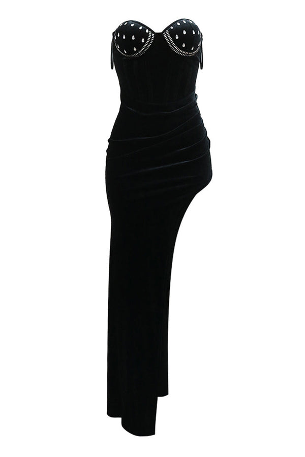 Black Velvet Rhinestone Strapless Boned Corset High Slit Sexy Maxi Party Dress