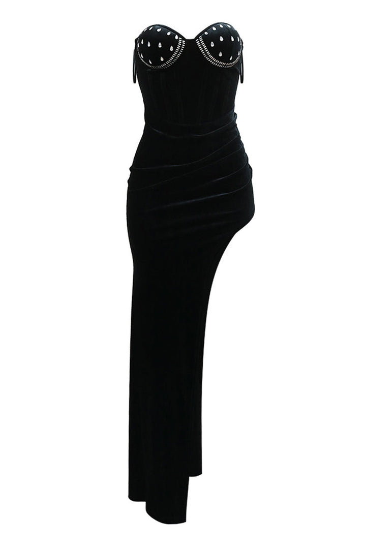 Black Velvet Rhinestone Strapless Boned Corset High Slit Sexy Maxi Party Dress