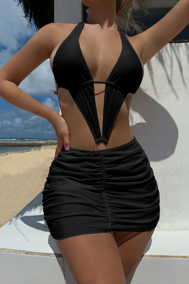 Black Plunging V Monokini Ruched Mesh Skirt Cover-Up 2Pc Swim Set