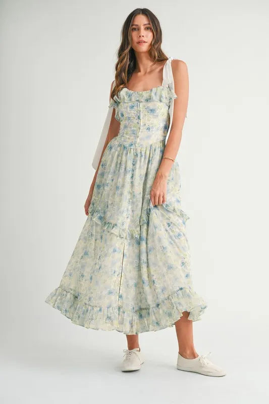 MABLE Floral Printed Shoulder Strap Midi Dress