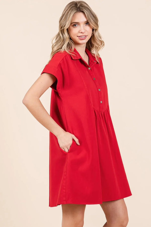 Mittoshop Twill Short Sleeve Collared Mini Dress