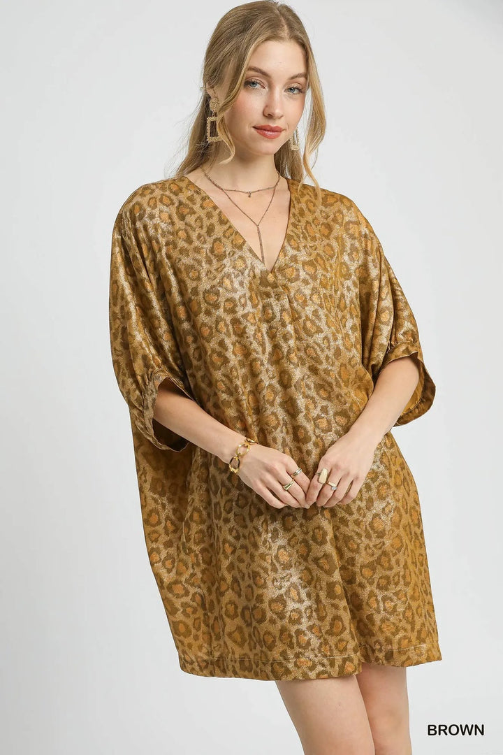 Umgee Metallic Leopard Print V-Neck Kimono Dress