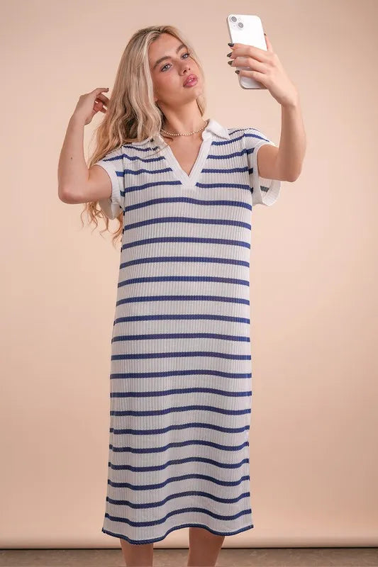 VERY J Oversized Collared Striped Knit Midi Dress