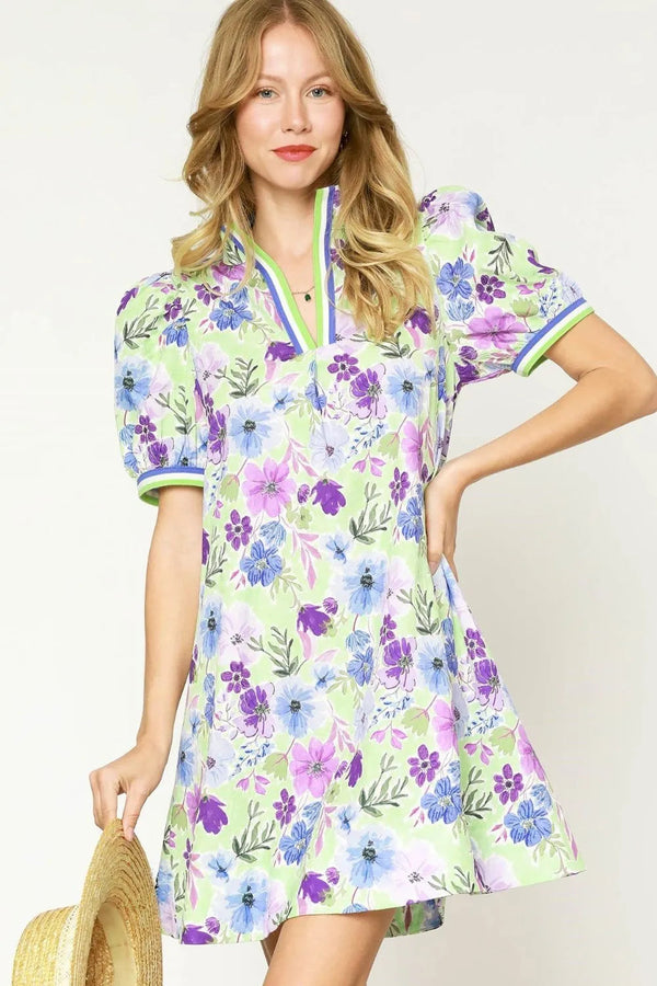 Umgee Floral Print Short Puff Sleeve Mini Dress