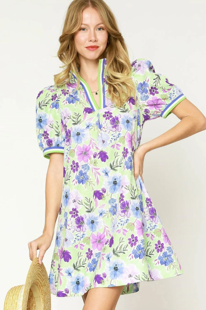 Umgee Floral Print Short Puff Sleeve Mini Dress