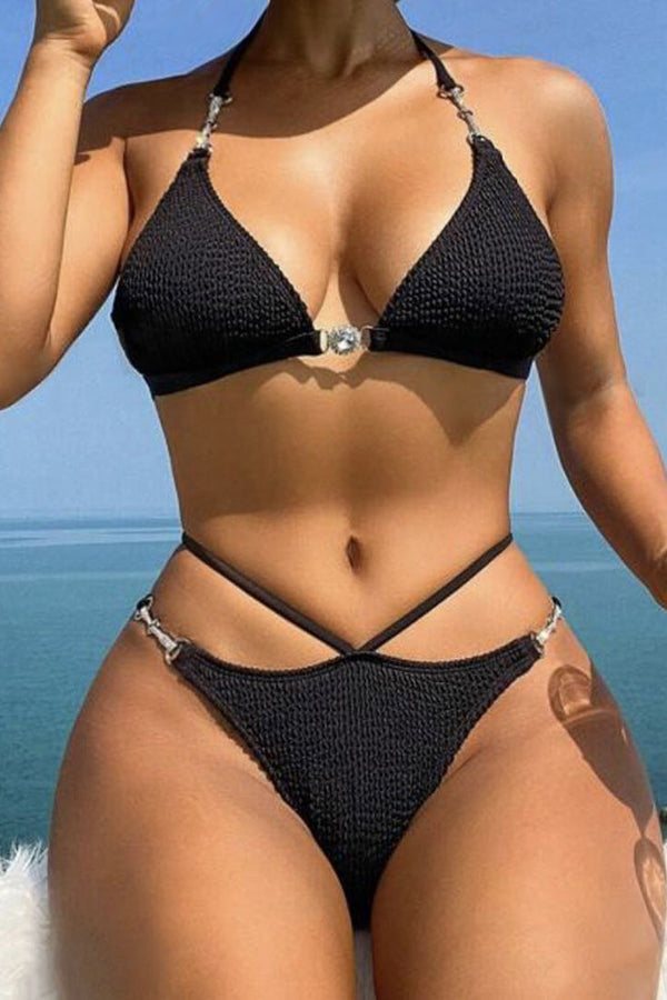 Black Rhinestone Designer Buckle Strappy Sexy Bikini 2Pc Swimsuit Set