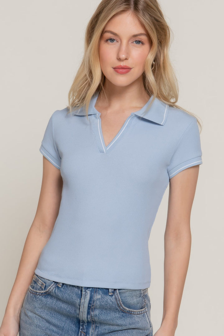 Short Slv Line Detail Polo Rib Knit Top