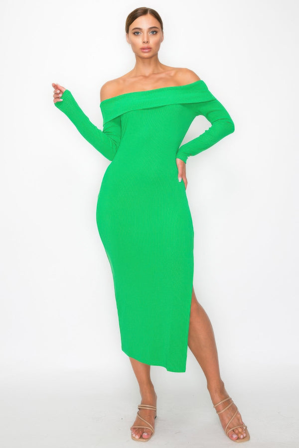 Off-shoulder Rib Midi Dress