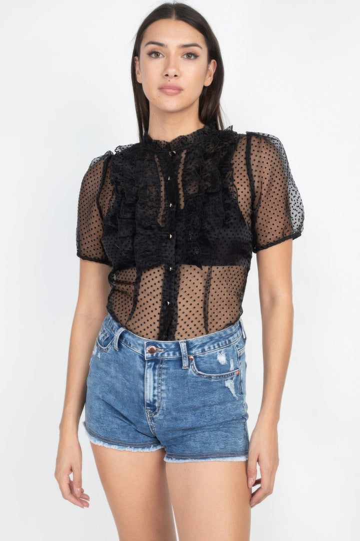 Sheer Ruffle-trim Dot Top