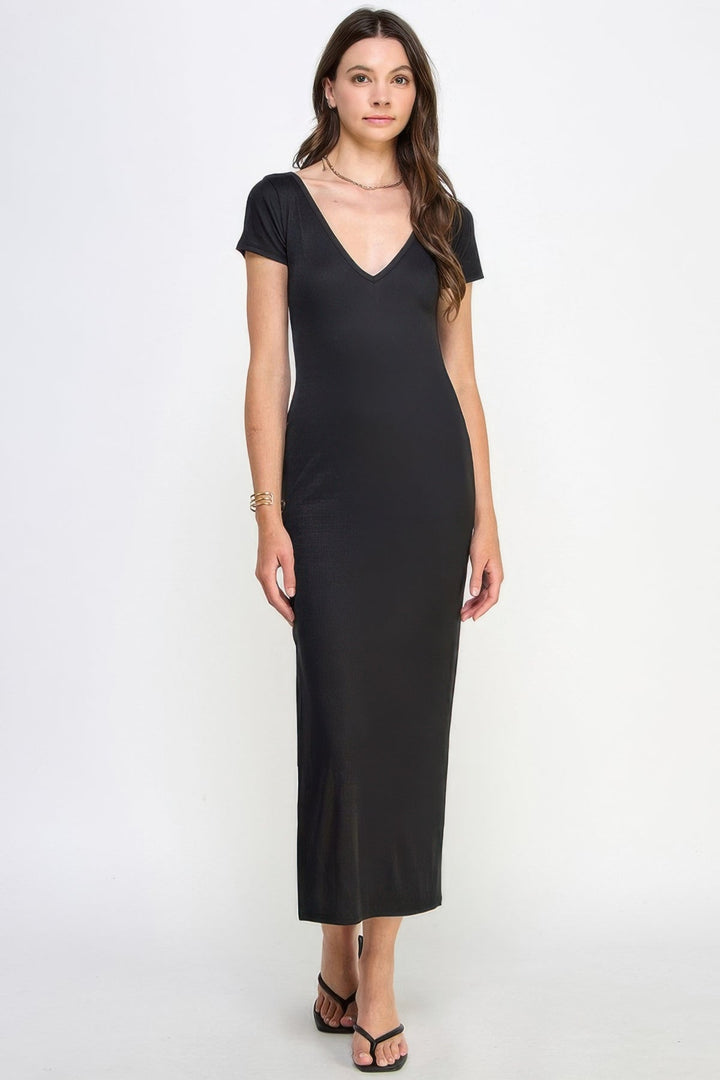 Double V-neck Ribbed Maxi Dress