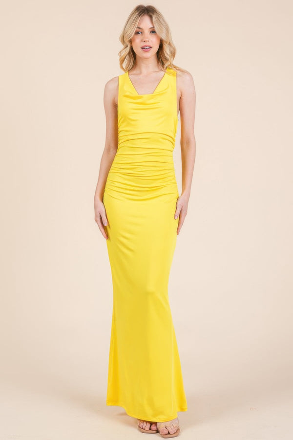 Cowl Neck Cross Back Shirring Maxi Dress