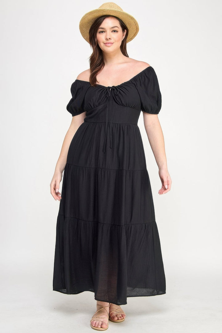 Front Tie Puff Sleeve Tired Maxi Dress