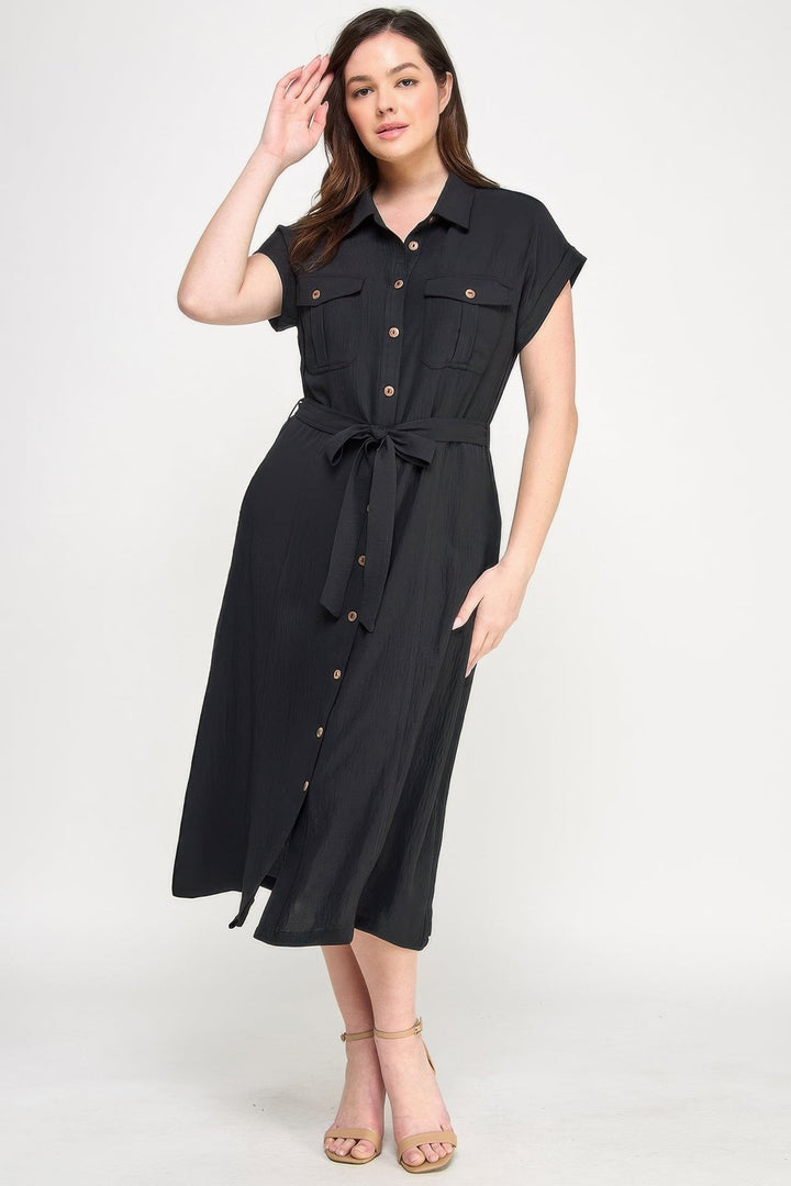 Front Tied Buttoned Short Sleeve Dress