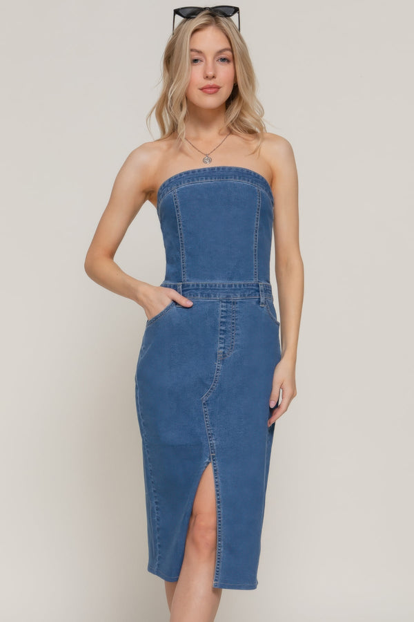 Stretch Denim Slit Tube Dress