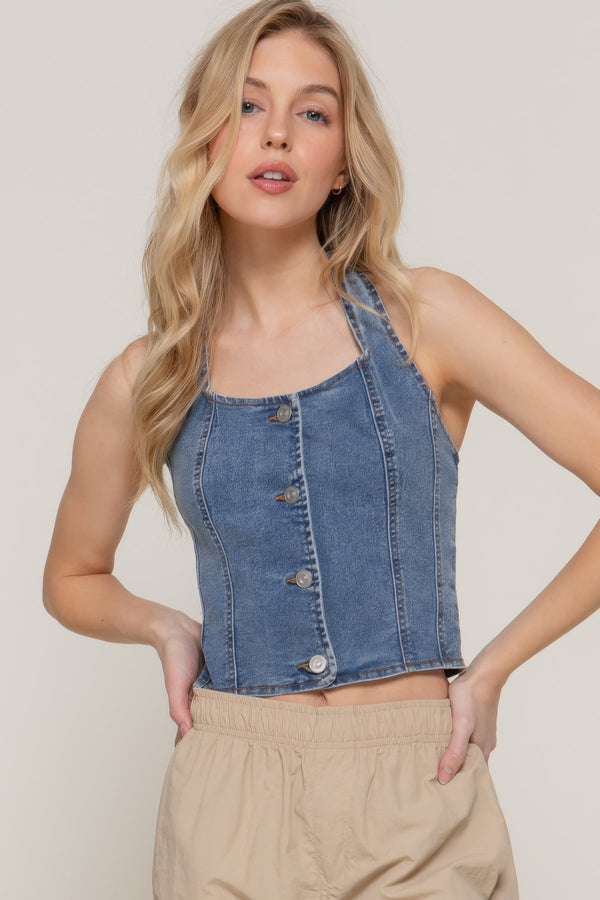 Button Down Stretch Denim Halter Top