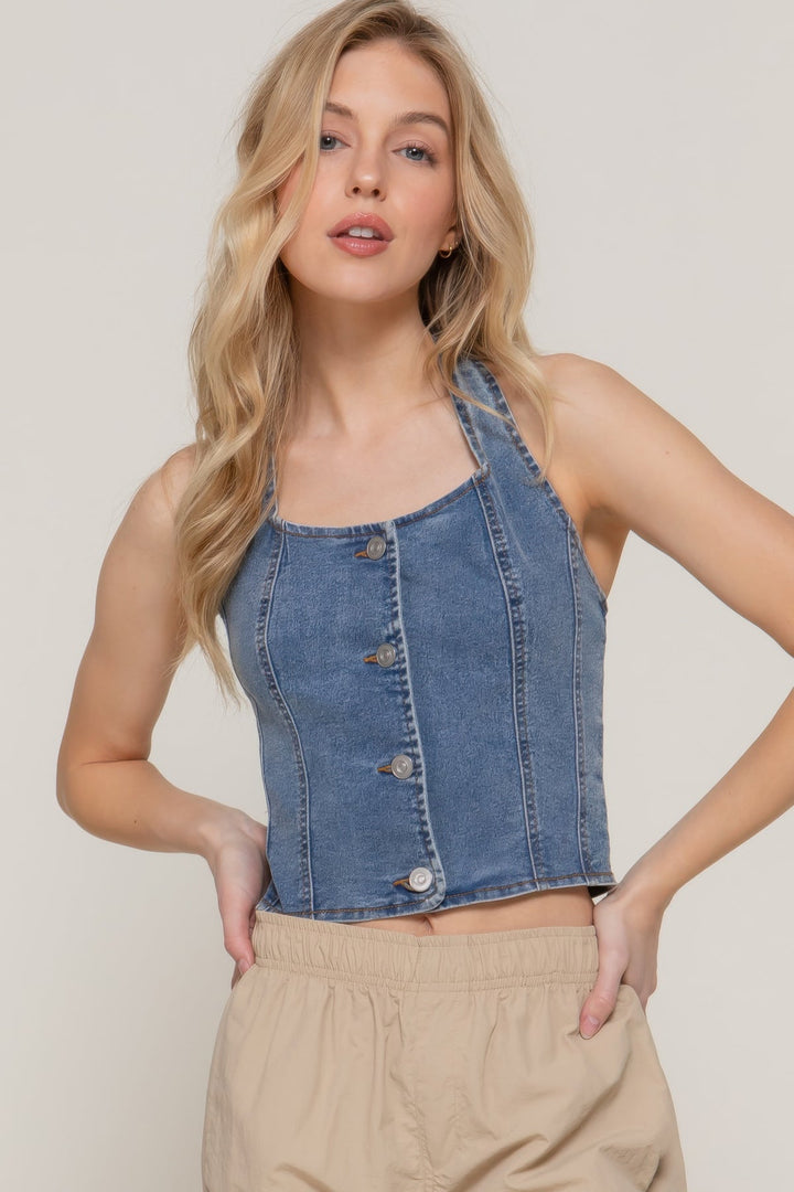 Button Down Stretch Denim Halter Top