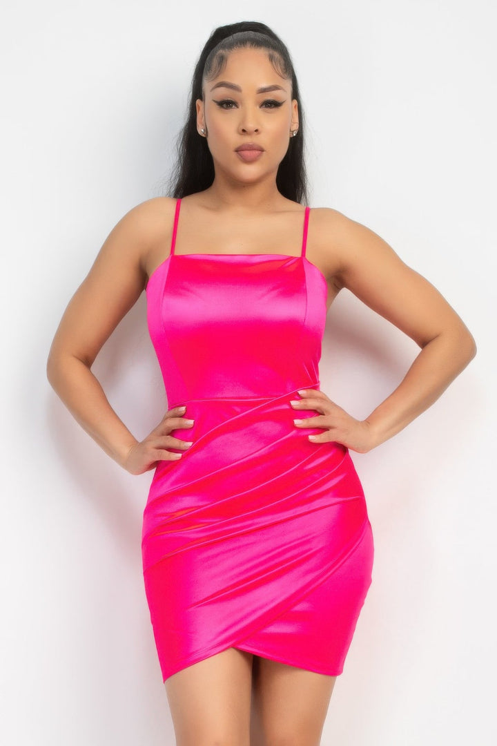 Overlapping Hem Shirred Satin Dress