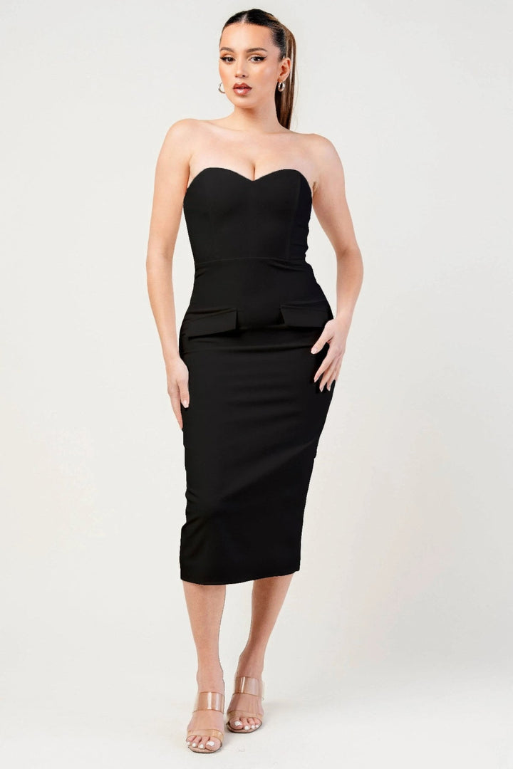 Thick Stretch Woven Sweetheart Neck Tube Midi Dress With Pocket Flap