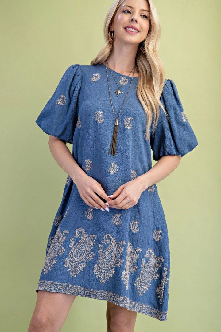 Paisley Embroidered Round Neck Mini Dress With Short Puff Sleeves