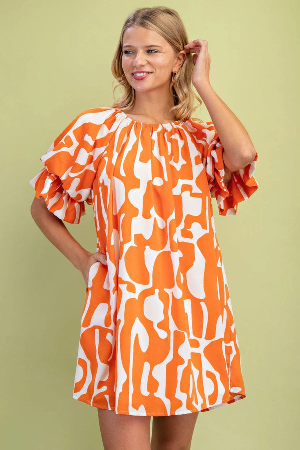 Geometric Print Loose Fit Mini Dress With Gathered Balloon Sleeves
