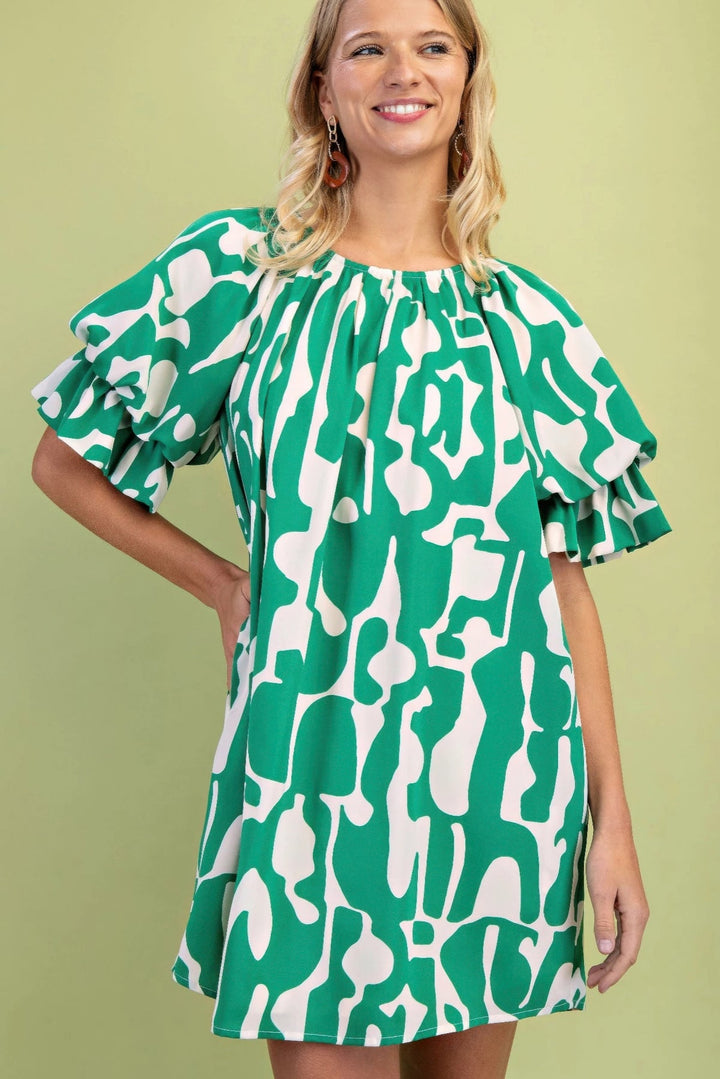 Geometric Print Loose Fit Mini Dress With Gathered Balloon Sleeves