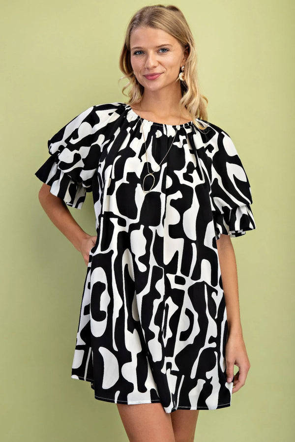 Geometric Print Loose Fit Mini Dress With Gathered Balloon Sleeves