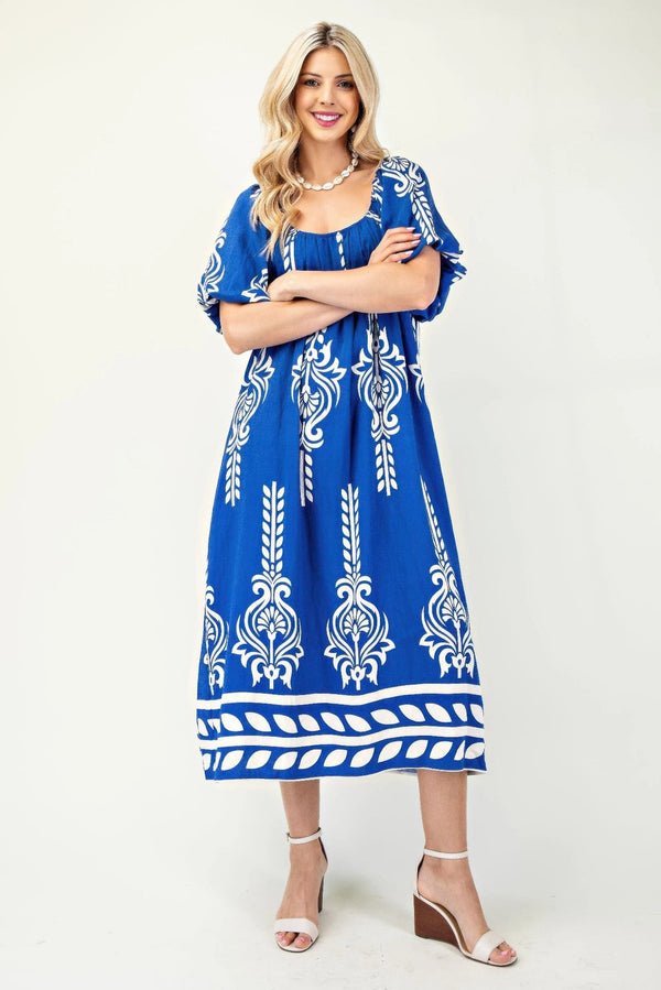 Printed Midi Dress With Short Puff Sleeves
