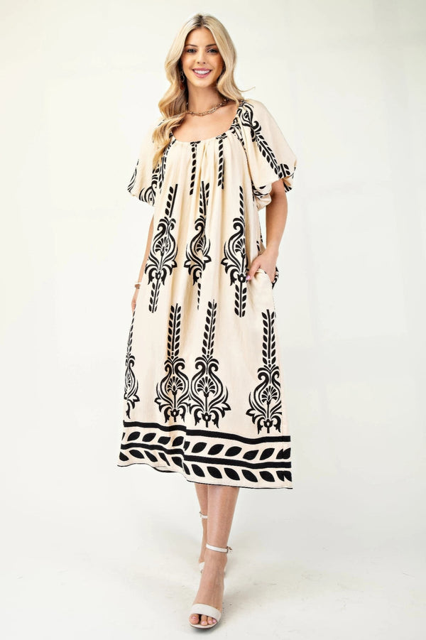 Printed Midi Dress With Short Puff Sleeves