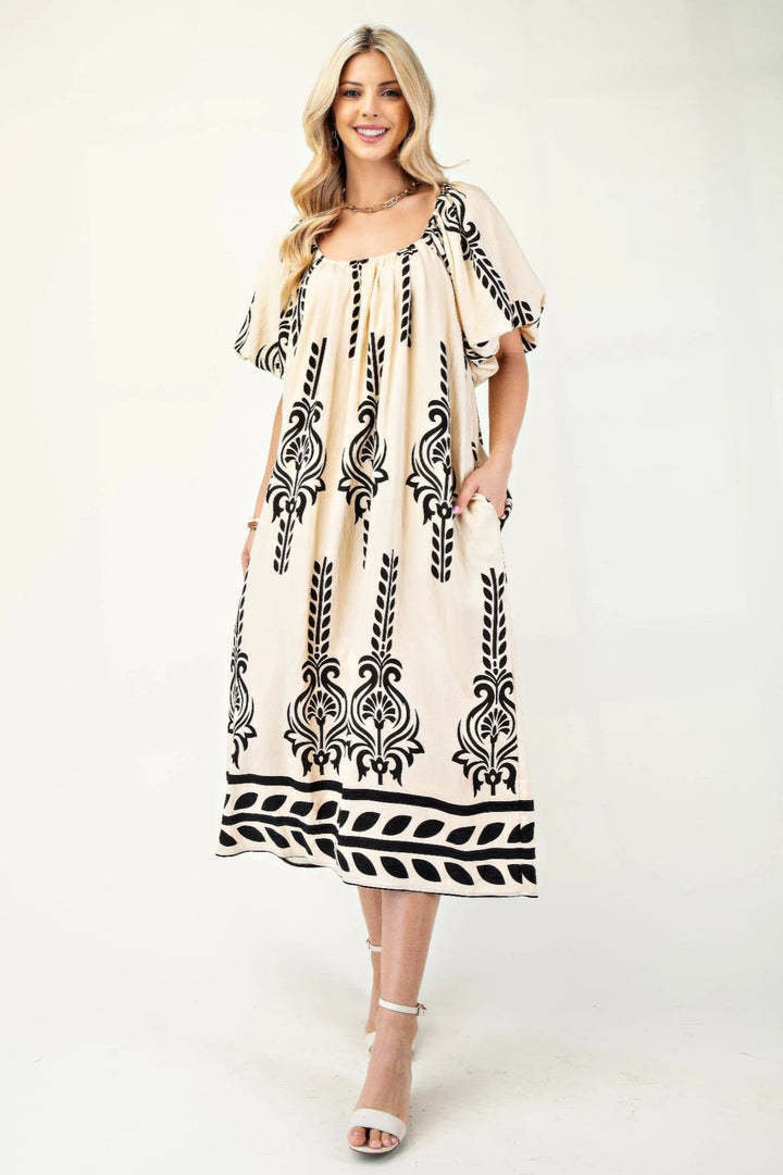Printed Midi Dress With Short Puff Sleeves