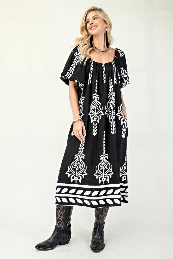 Printed Midi Dress With Short Puff Sleeves